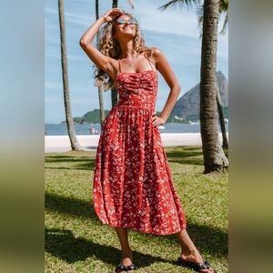 Cupshe NWT Bryana Ditsy Floral Ruched Lace-up Midi Slip Dress, Red white, size L